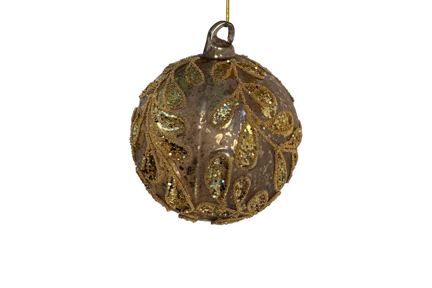 Glass ball with Gold Leaves & Antique Gold Gilded Beaded Ornament