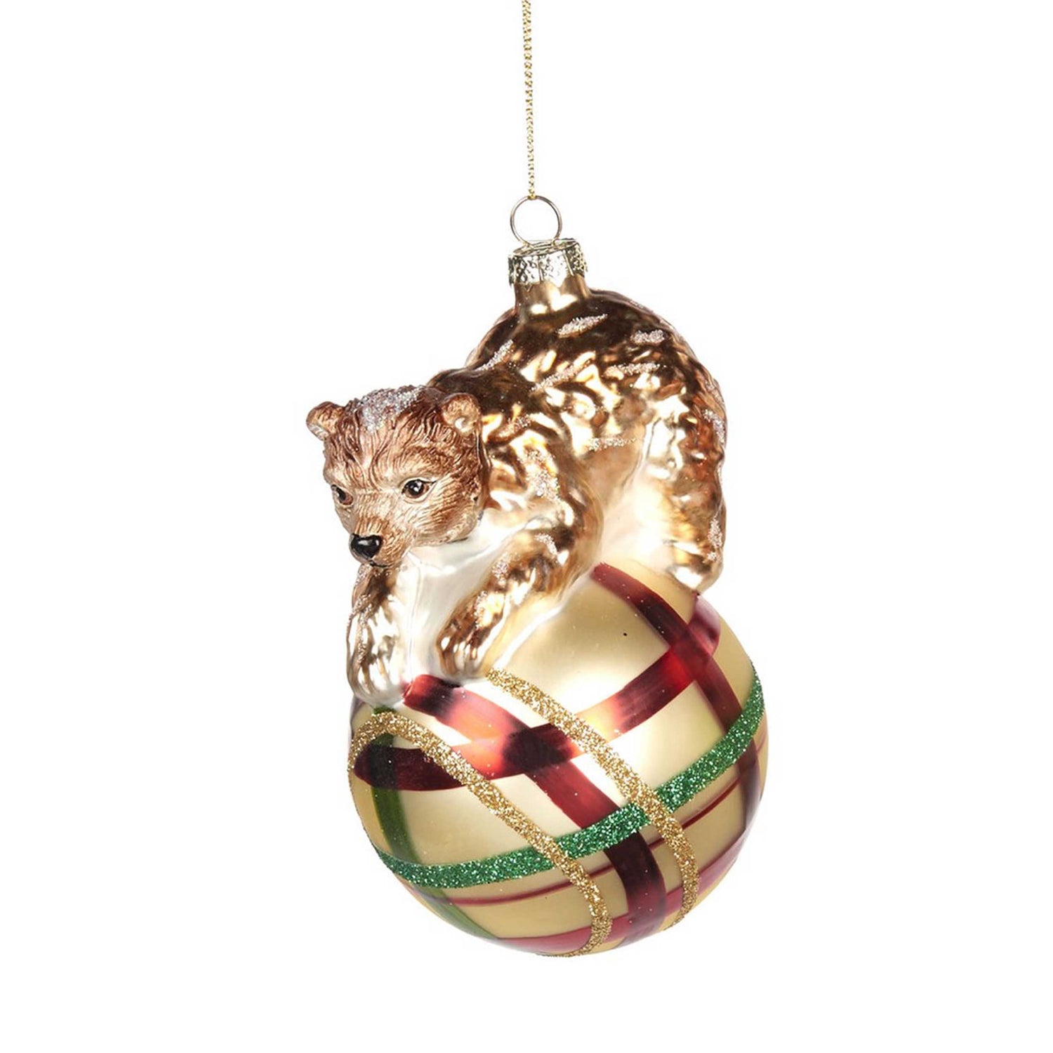 Glass Bear on Tartan Ball Ornament Christmas