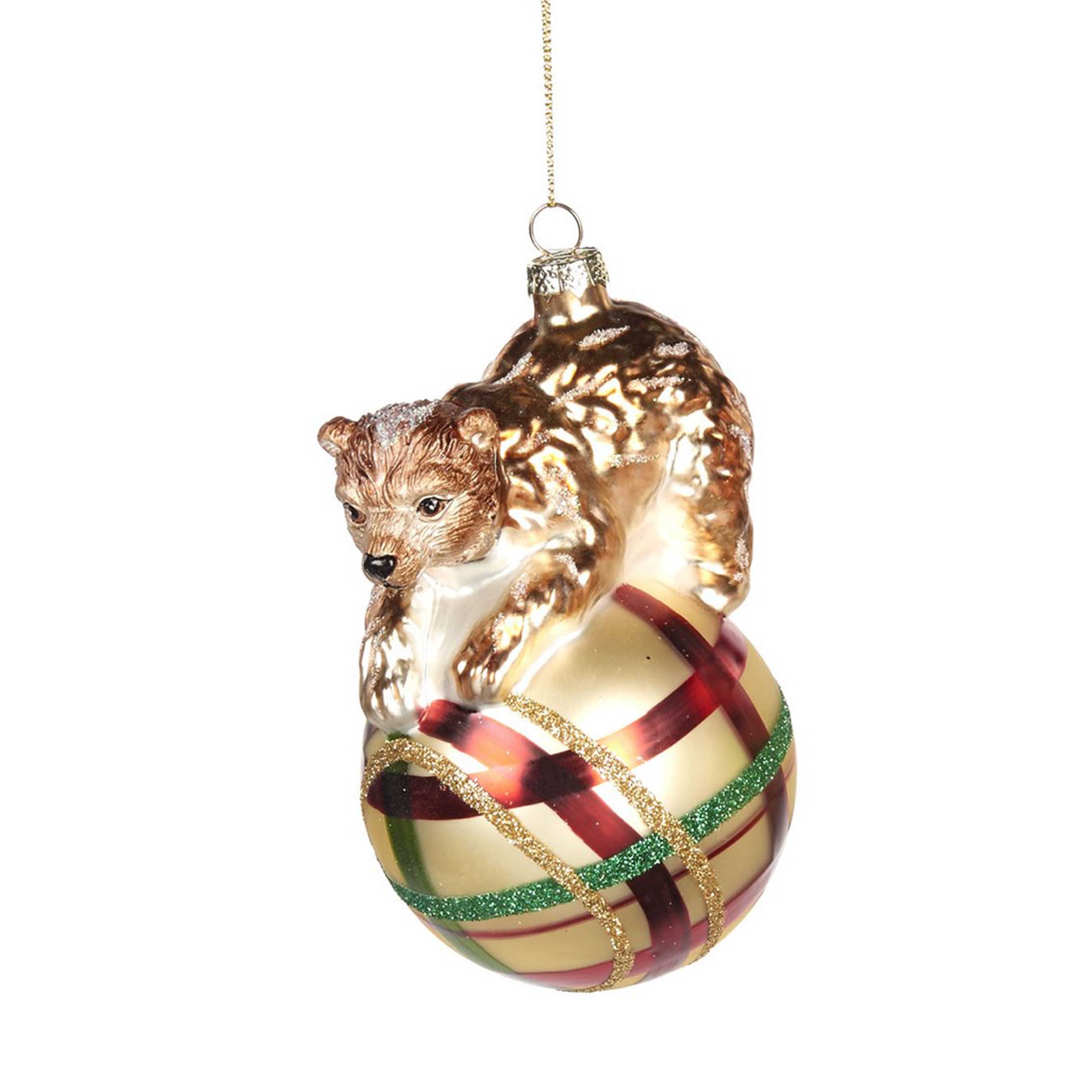 Glass Bear on Tartan Ball Ornament Christmas