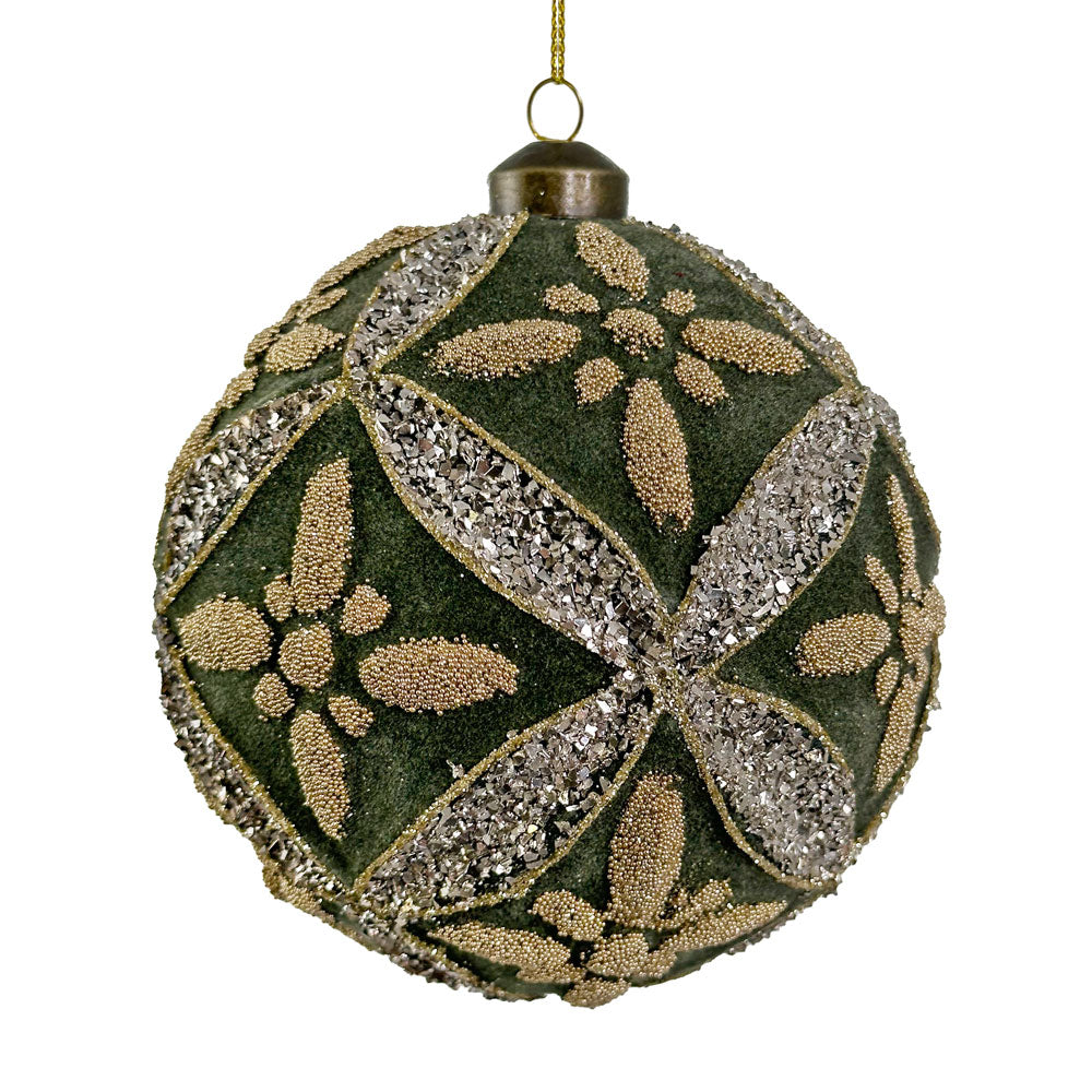 Glass Floral Ball Green Velvet W/Gold Beads &amp; Silver Glass Glitter