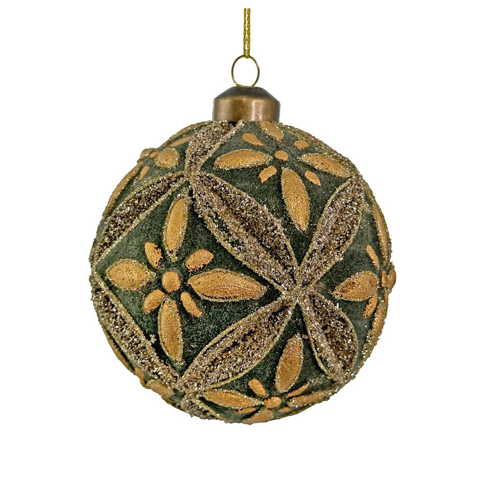 Glass Floral Ball Green Velvet W/Gold Beads &amp; Silver Glass Glitter | 2 Sizes