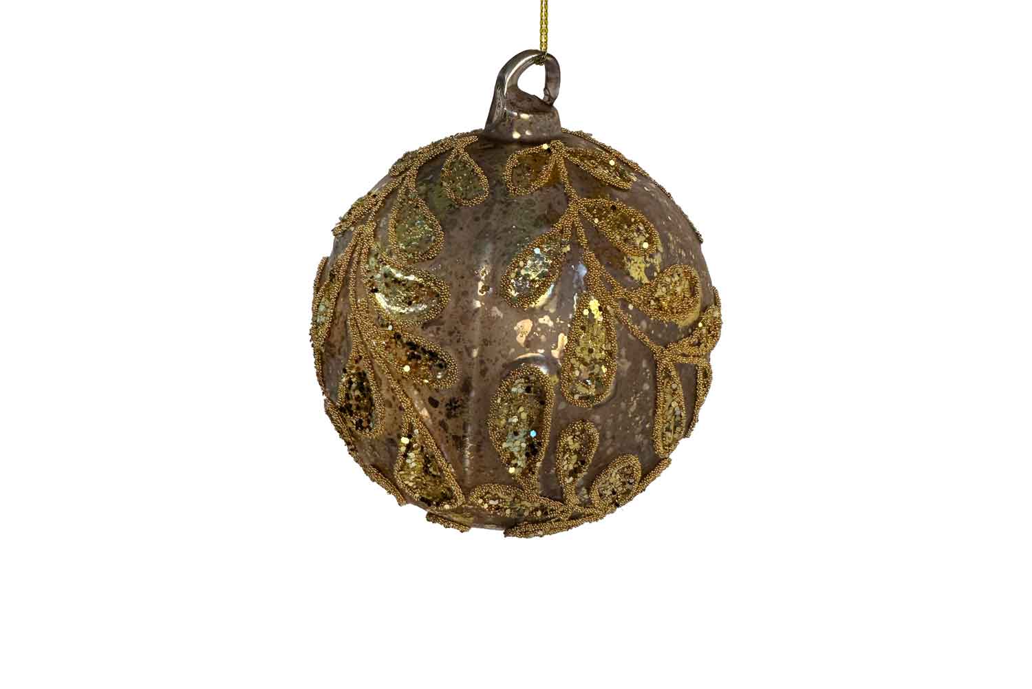 Glass ball with Gold Leaves &amp; Antique Gold Gilded Beaded Ornament