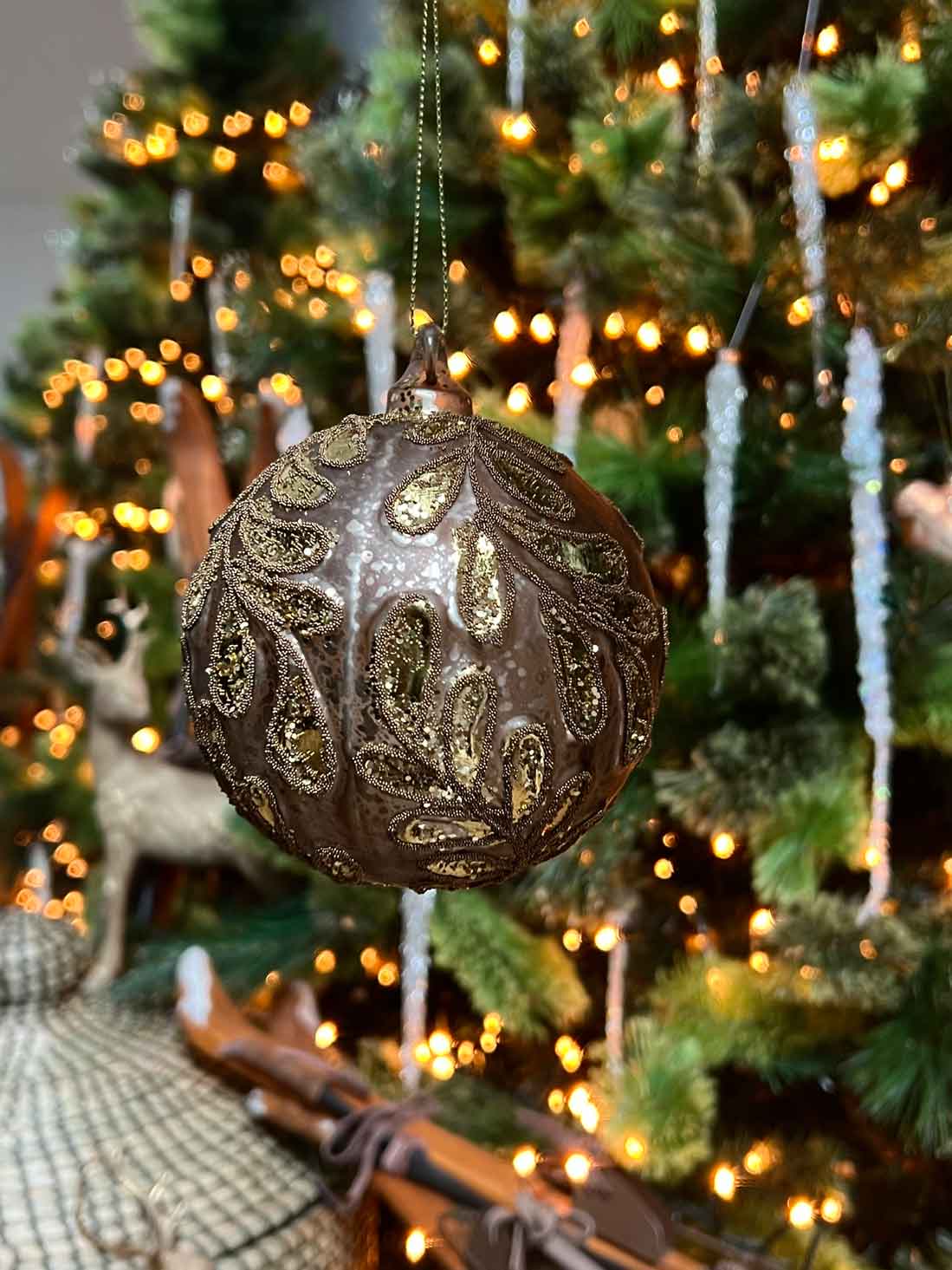 Glass ball with Gold Leaves &amp; Antique Gold Gilded Beaded Ornament