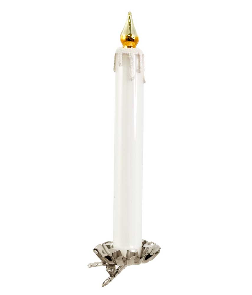 Glass candle shiny white with metal clip 15,5cm