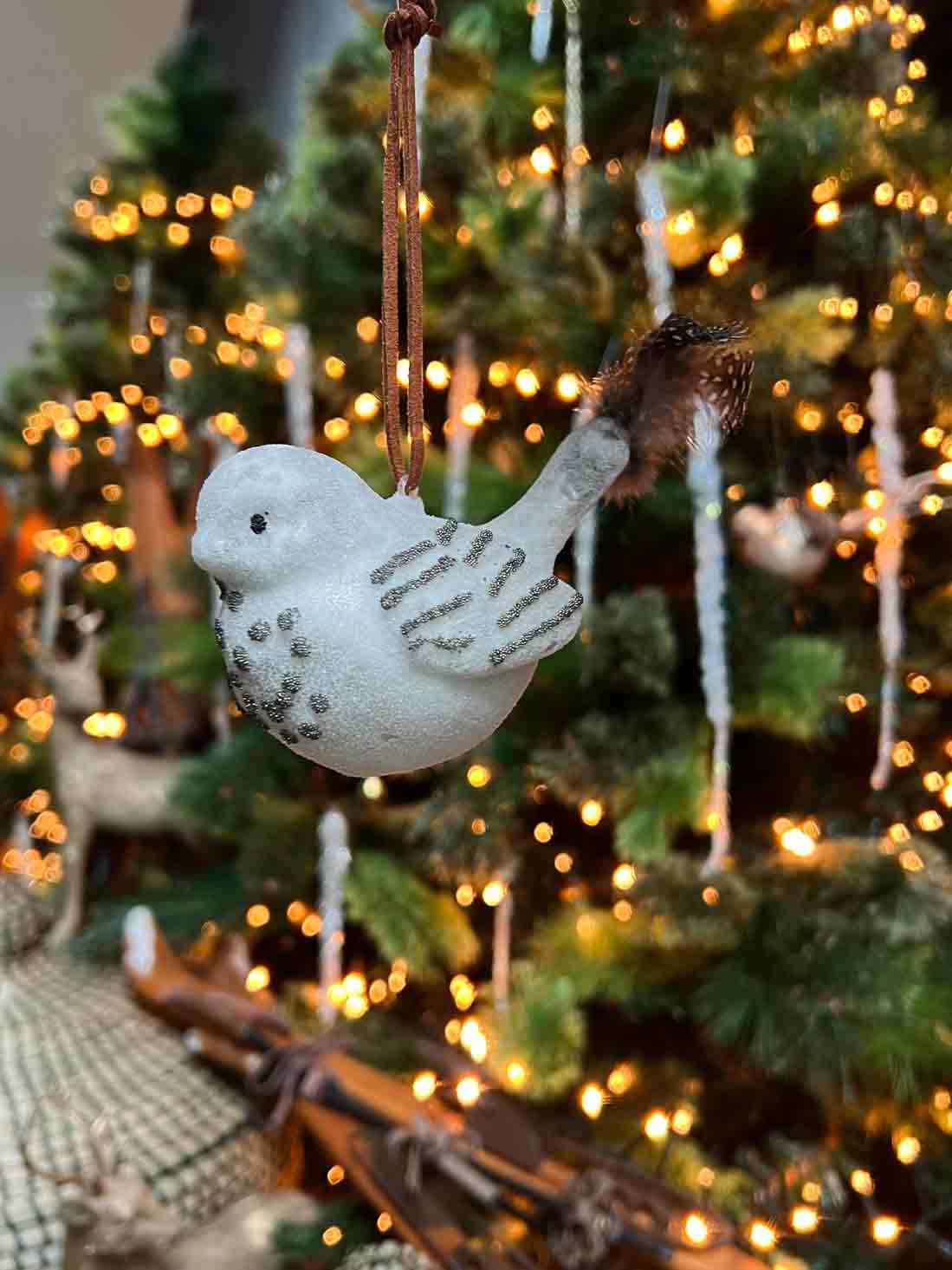 Glass Bird with Iced White with Feather Tail Ornaments spotted