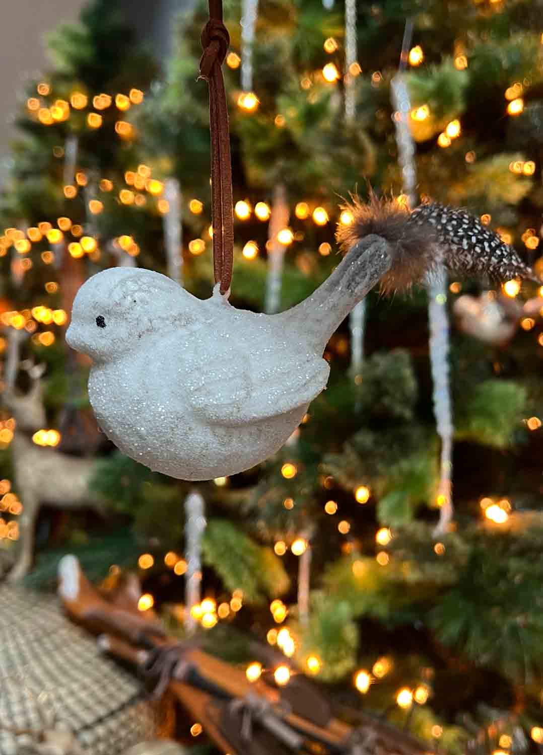 Glass Bird with Iced White with Feather Tail Ornaments plain