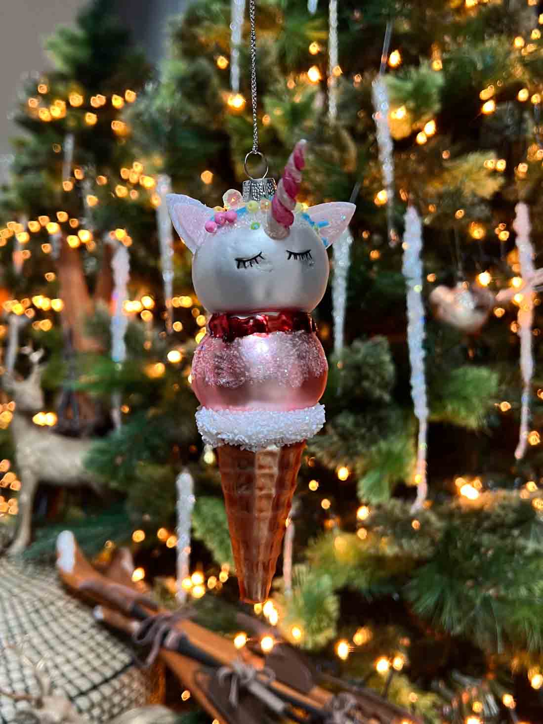 Glass Unicorn Ice Cream Ornament pink