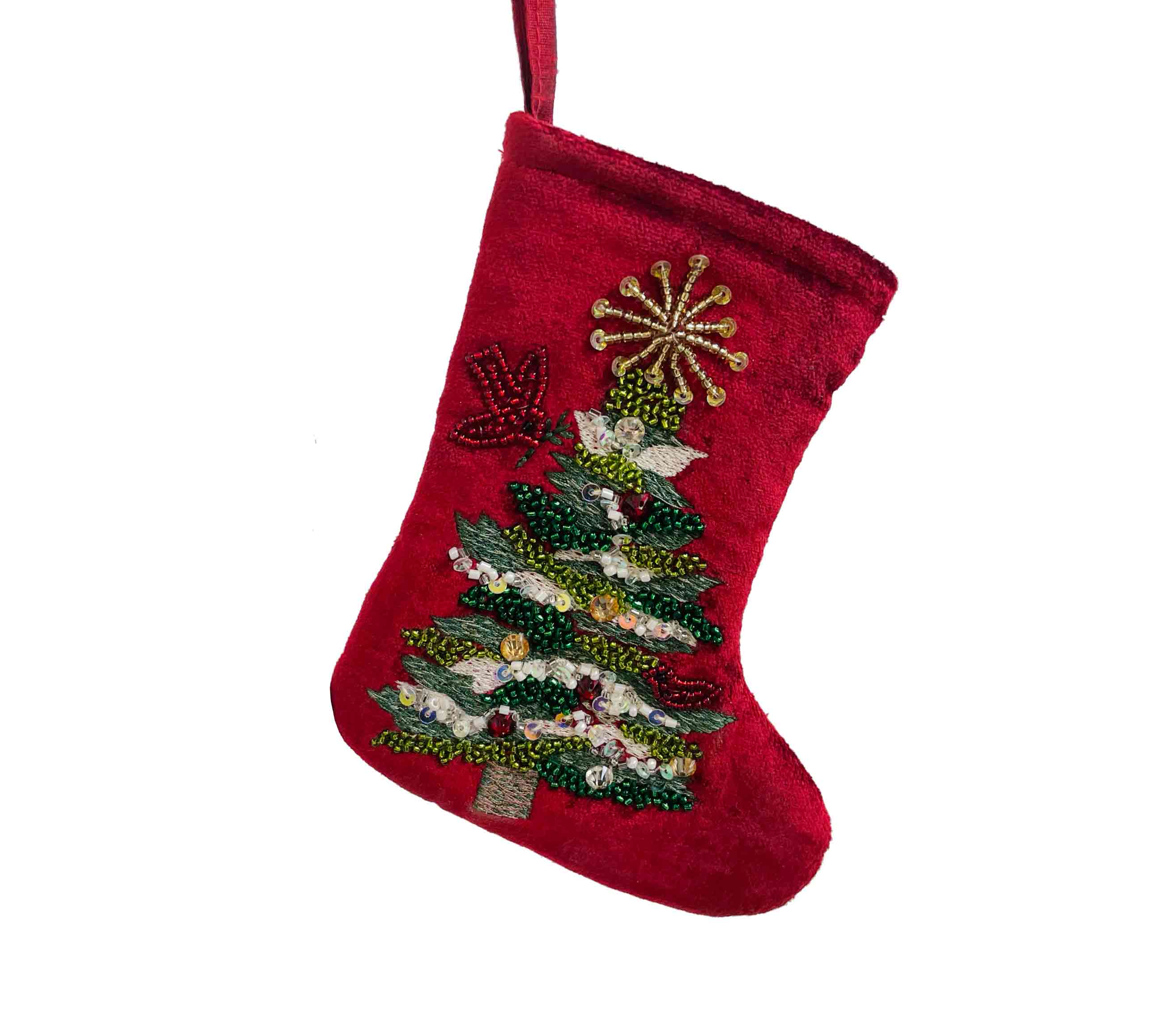 Velvet Red Sock with Green Tree Embroidery