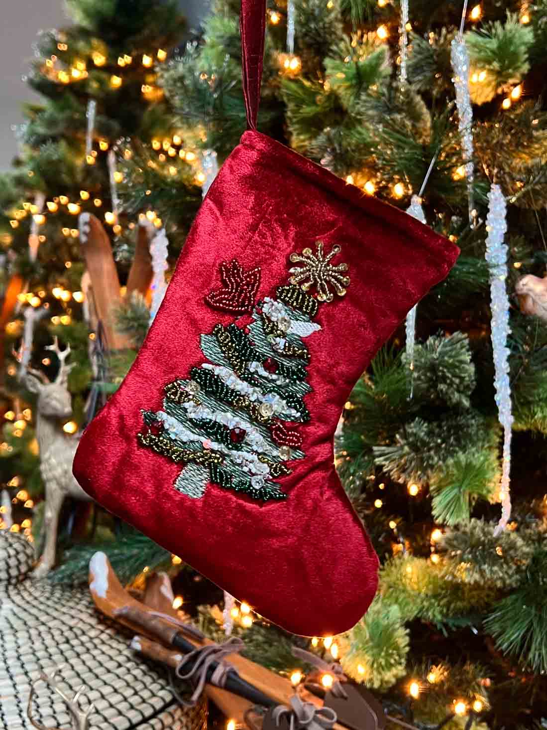 Velvet Red Sock with Green Tree Embroidery