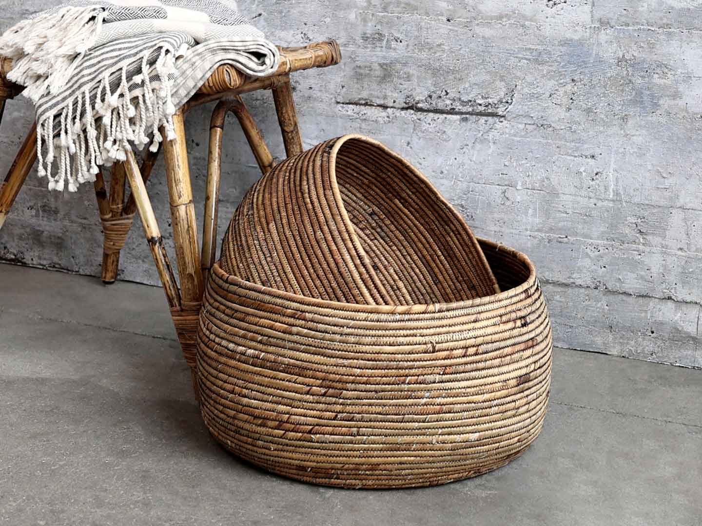 Water Hyacinth Baskets - Set of 2 on concrete